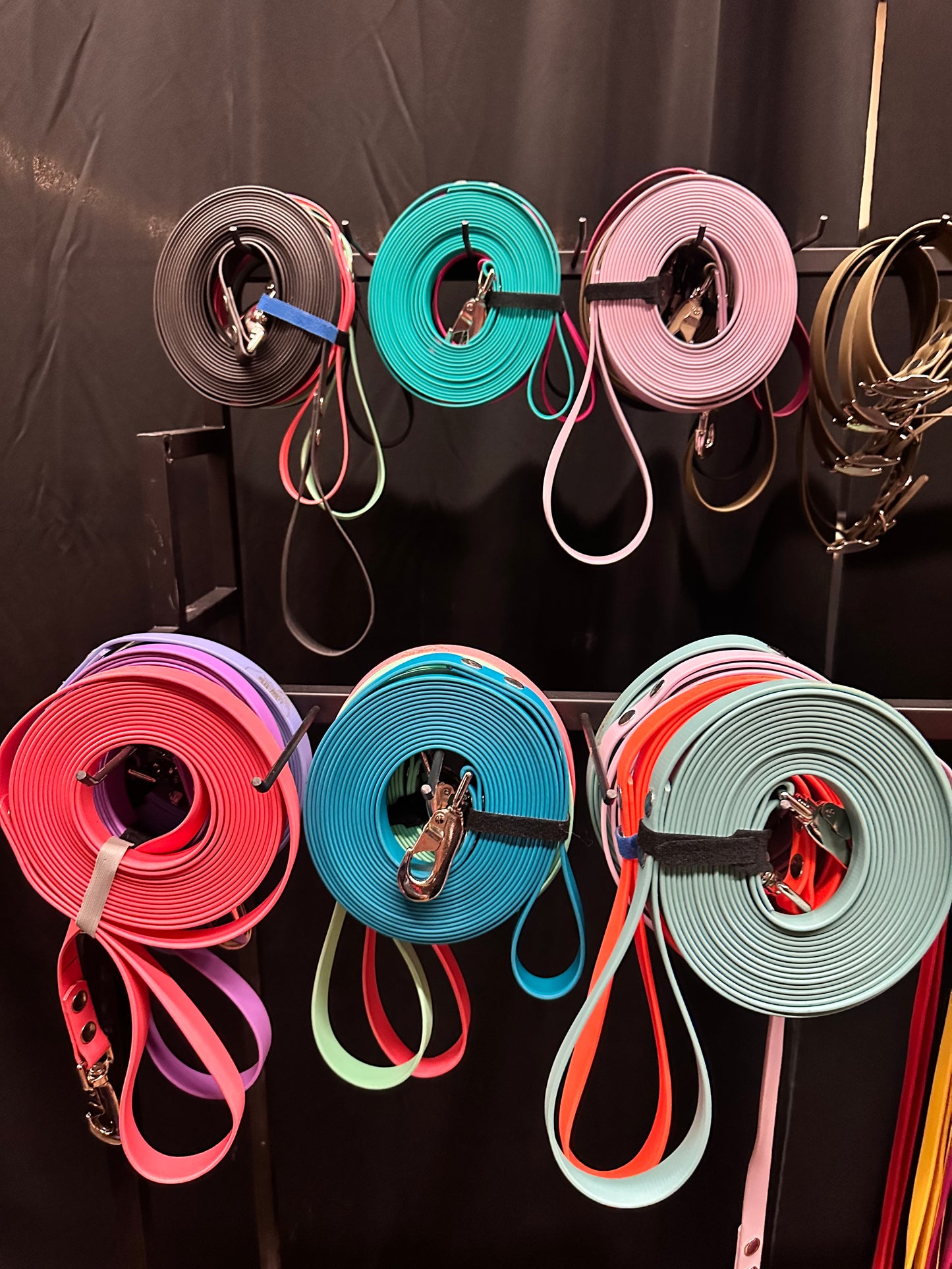 Rolls of different colored biothane long lines