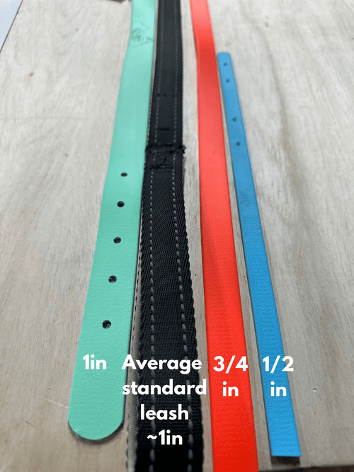 standard Dog leash comes in different width. Choose 3/4" or 1/2"