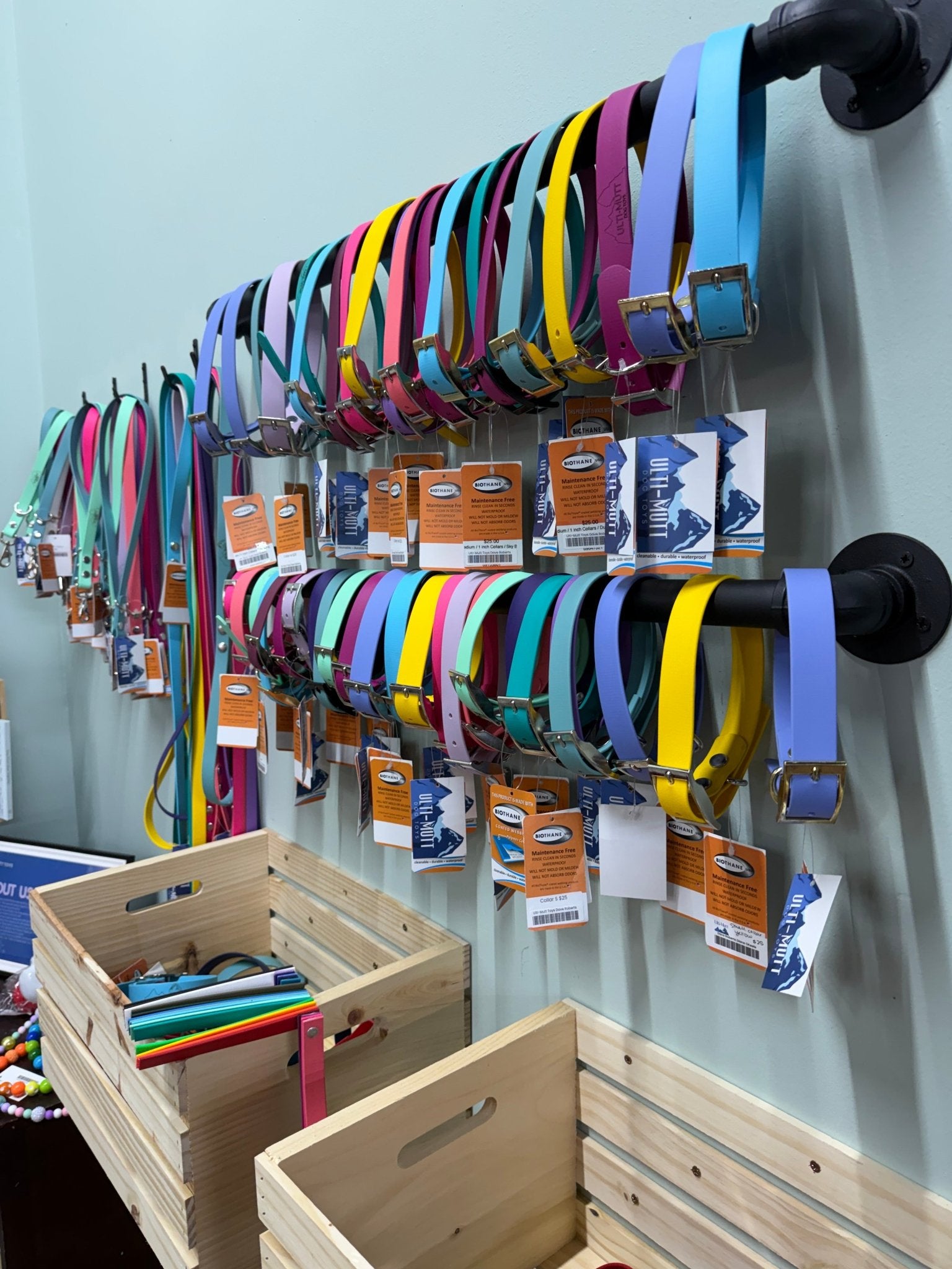 2 rows of hanign 3/4 in Flat Collars in spring colors - Ulti - Mutt Toys