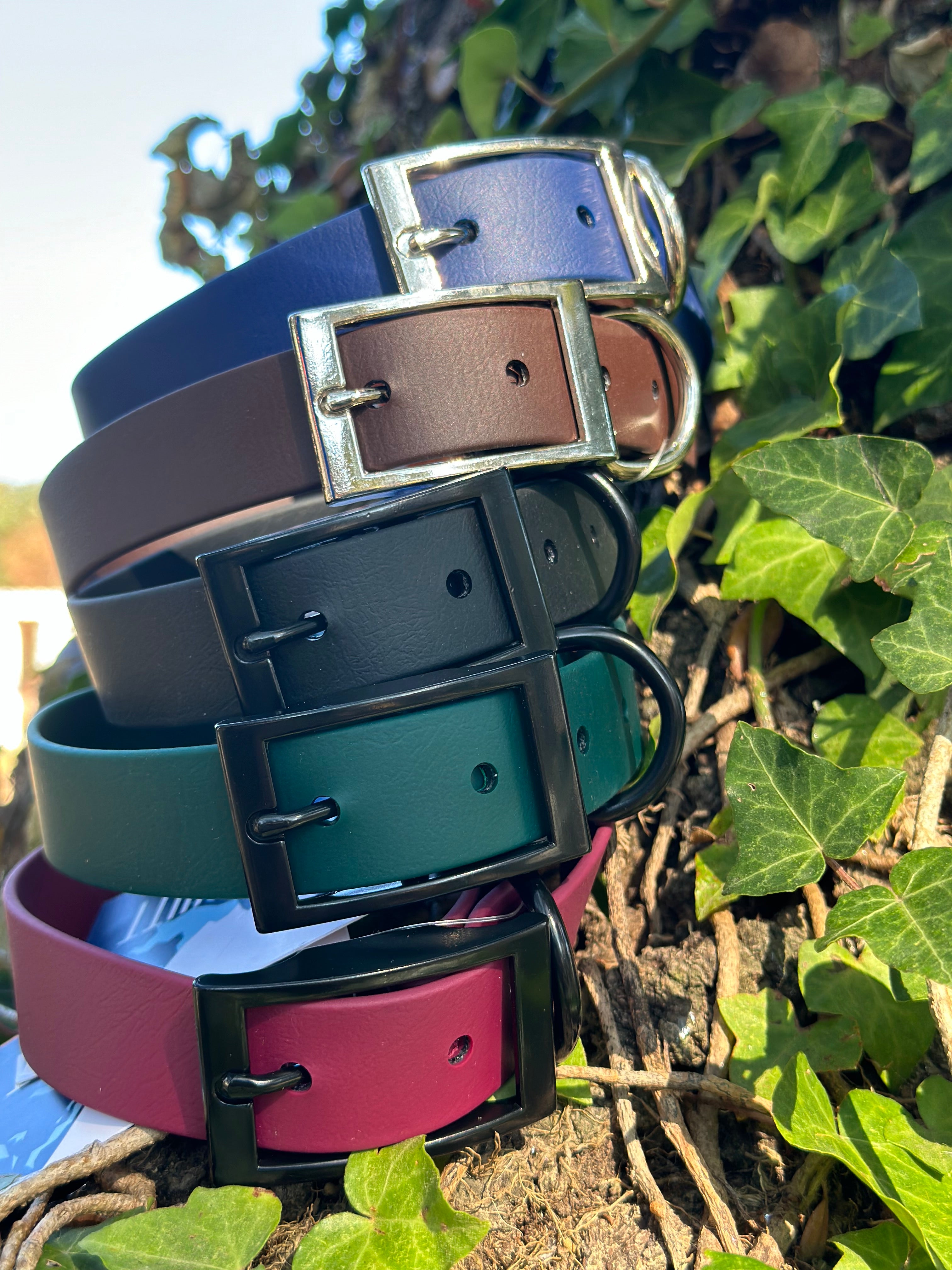 1 inch biothane collars stacked navy brown black hunter green and red