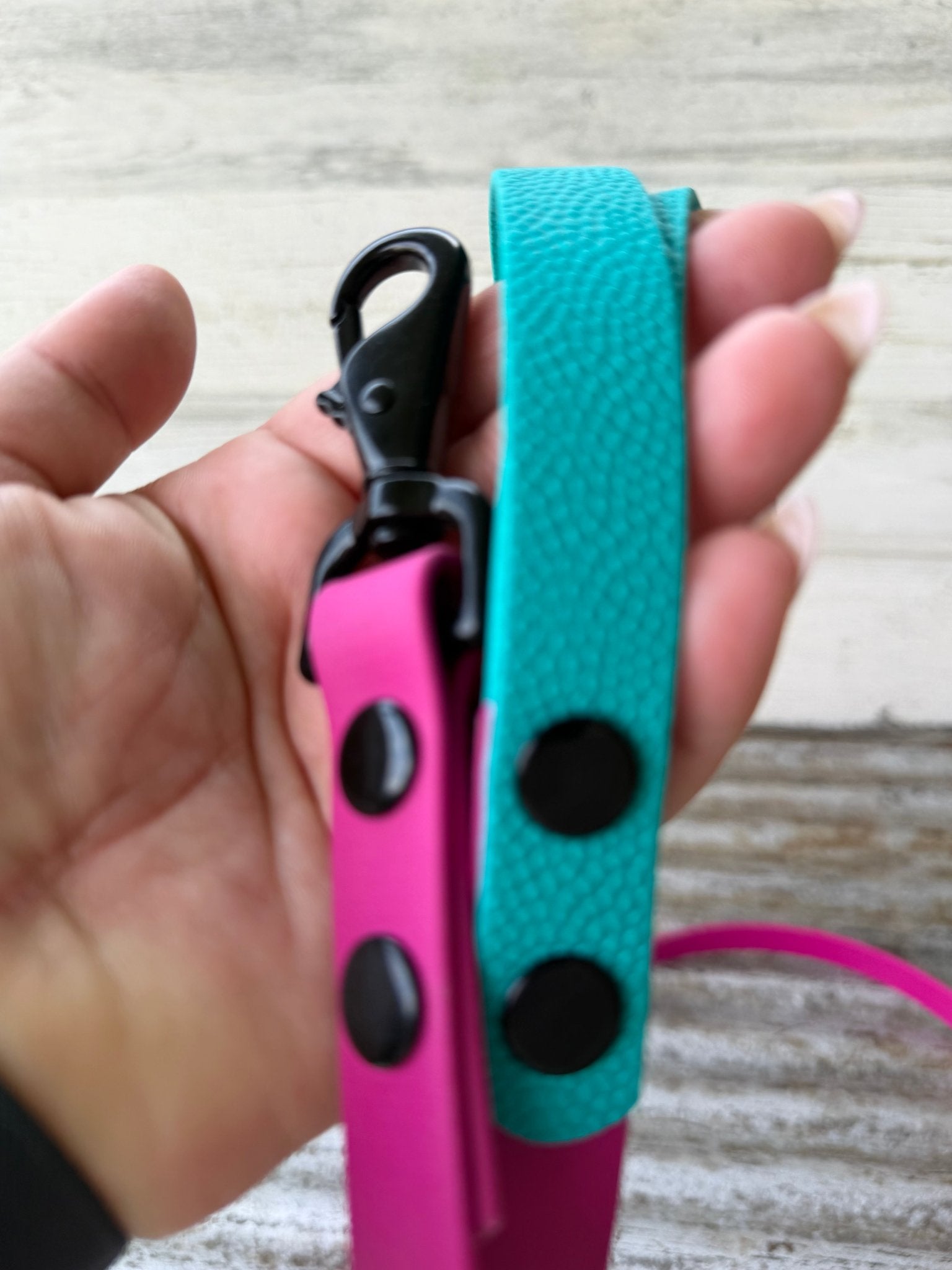 magenta leash with teal pebbled biothane handle and black hardware