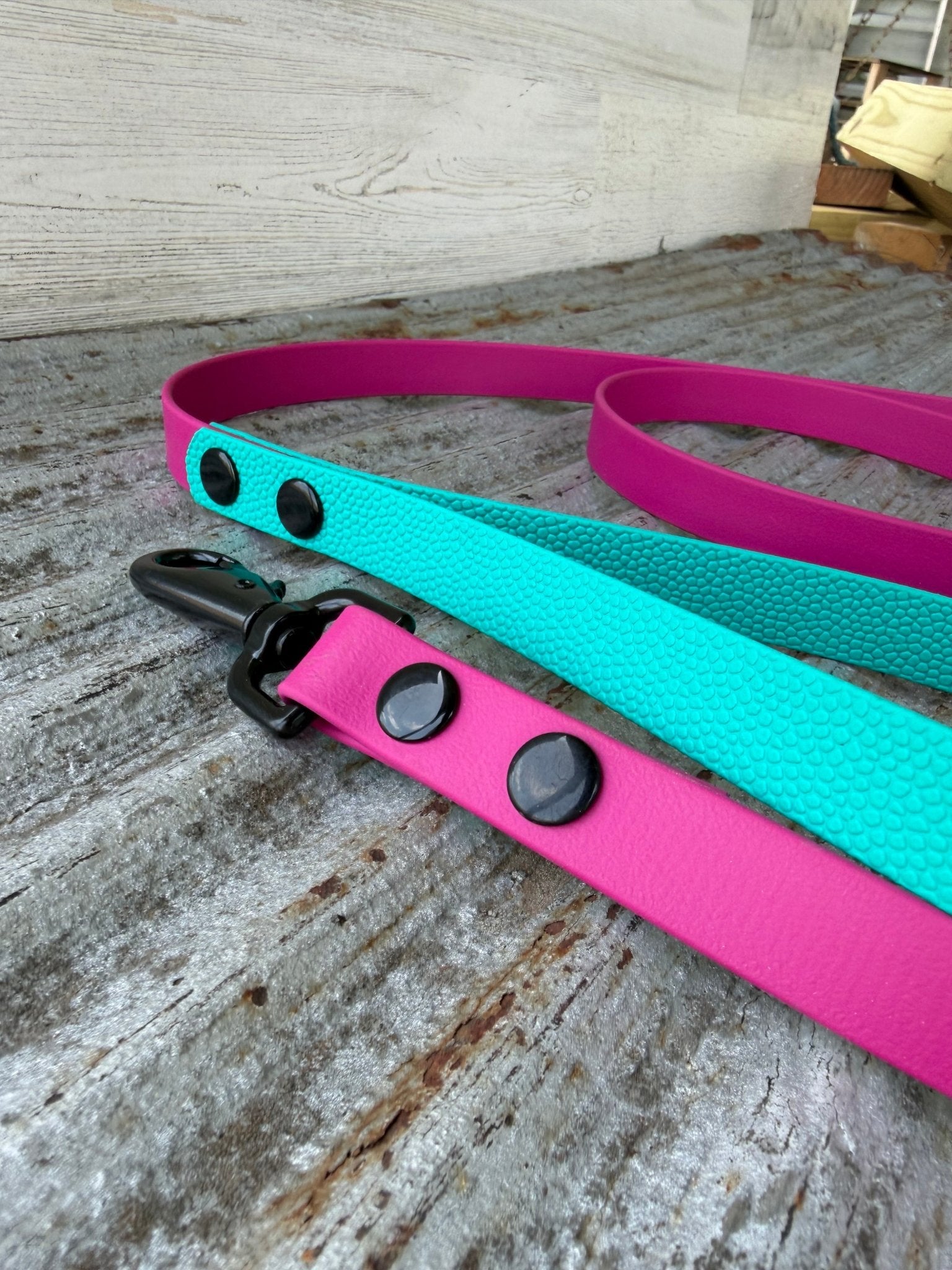 magenta leash with teal pebbled biothane handle and black hardware
