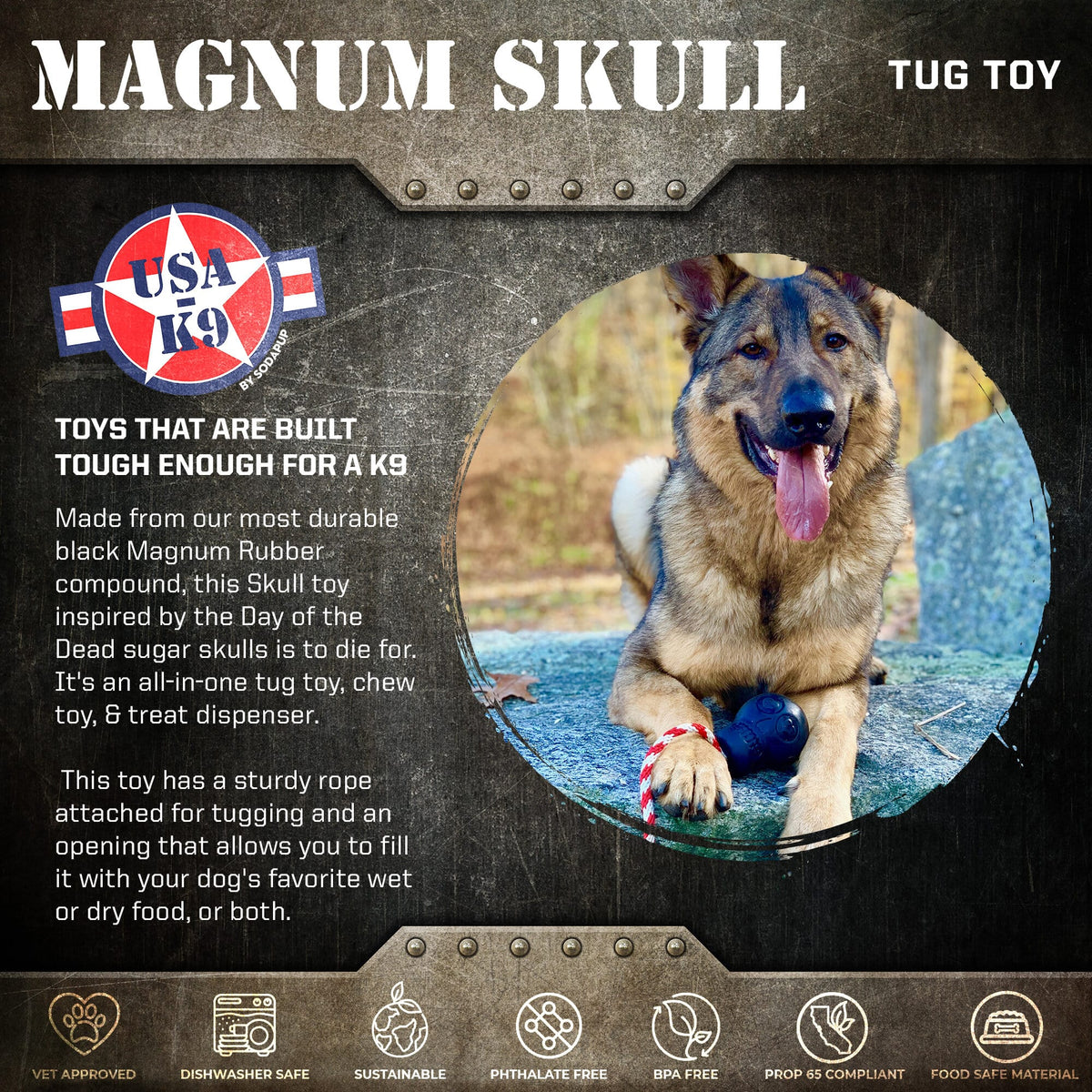 USA-K9 Magnum Skull - Black Magnum Rubber Chew Toy for Extreme Chewers | USA Made - Ulti-Mutt Toys